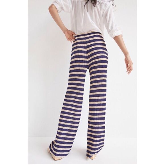 NEW Anthropologie Flat White Navy Striped Knit Semi-Sheer Pull-On Pants Small - Picture 4 of 6